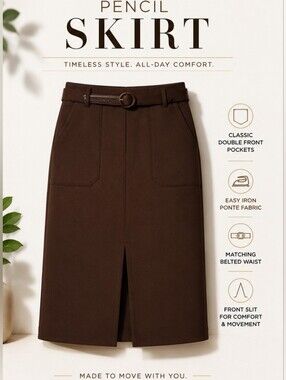 Elegant Brown Double Front Pocket Pencil Skirt with Belt and Split